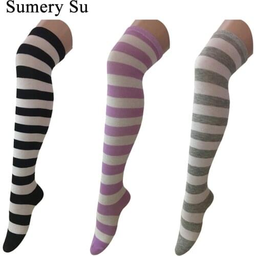 3 Pairs/Lot Stockings Women Thigh High Over Knee Cotton Striped Pattern Sexy Cute Slim Ladies Girls Female Winter Autumn