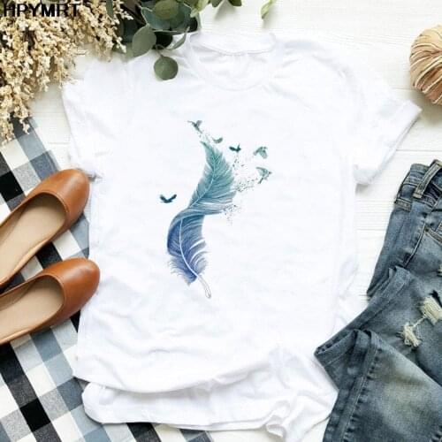 Tshirt Women Graphic Aesthetic feathers Printing 90s Cute Summer Spring Trend Casual Fashion T-Shirts Female Clothes Tops Tees