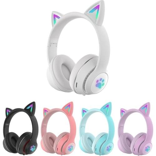 Wireless Headphones Cat Ears Earphones Flash LED Light Cute Bluetooth Headsets Kid Girl Stereo Music Helmet Phone Earbuds Gift