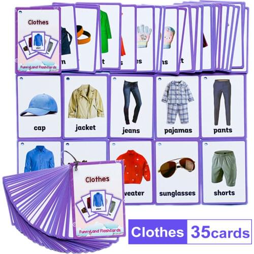 34Pcs/Set Clothes Kids English Learning Word Card Pocket Card Montessori Early Educational Toys for Children Flash Card Gifts