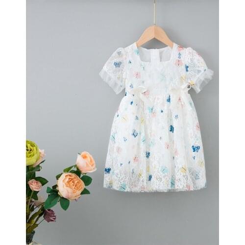 Kids Clothes 2021 New Girls Summer Mesh Lace Butterfly Print Dress Princess Dress Birthday Party Dresses Boutique Clothes
