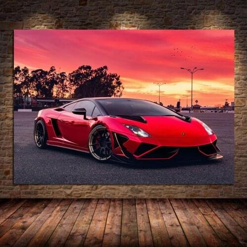 Supercars Wall Art Canvas Painting Gallardo Red Sunset Racing Cars Posters and Prints Pictures for Living Room Decor Unframed