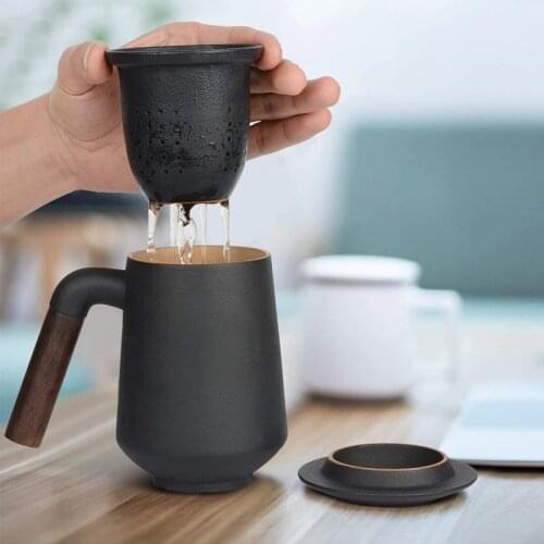 Tea Infuser Mug with Lid - Heat-Resistant Black Walnut Handle, Fresh Hot or Cold Blends, Cute and Portable Home