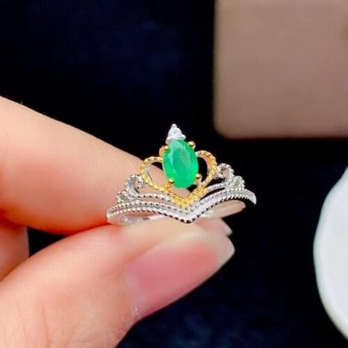 Fashion elegance cute crown wave Natural gem stone Ring Natural green Emerald ring S925 silver womens girl party gift Jewelry
