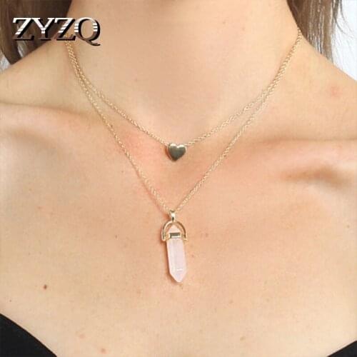 ZYZQ Trendy Euro Stylish Geometric Necklace For Women Fashion Double Layered Lovely Heart Pendant Wholesale Lots&Bulk Necklace