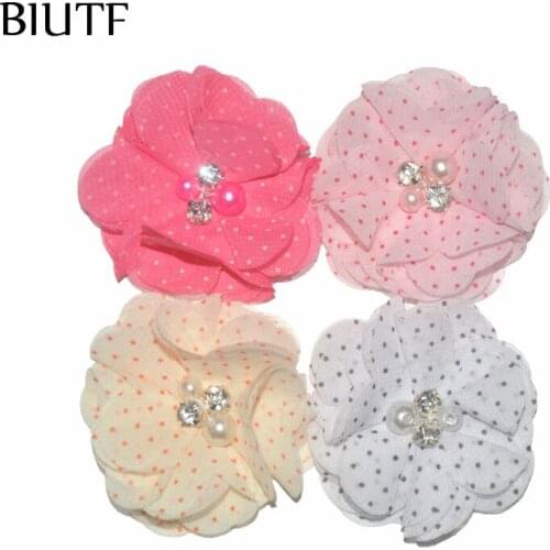 Wholesale 600pcs/lot 2'' Chic Polka Dot Chiffon Fabric Flower with Pearl Rhinestone Apparel/Hat/Shoes Accessories TH261
