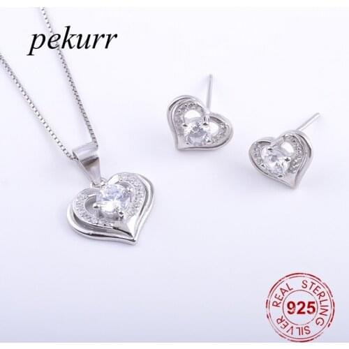 Pekurr 925 Sterling Silver Crystal Gems Heart Earrings Necklace Sets For Women Hollow Heart Wedding Pendants Jewelry Set