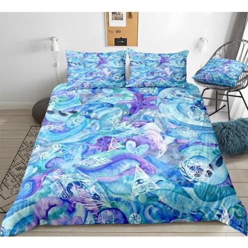Blue Water Color Marine Bedding Nautical Fishes Whales Duvet Cover Set Underwater Starfishes Shells Bedclothes