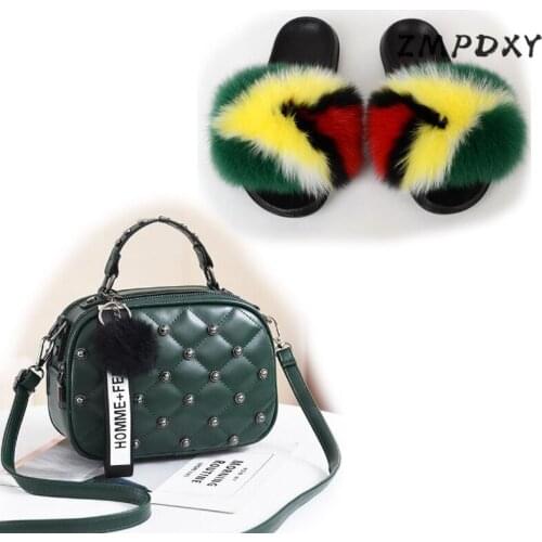 Woman Real Fox Fur Slippers Ladies Candy Crossbody Purse Female Fluffy Furry Flip Flops Jelly Shoulder Bag Shoes Sets Fur Slides