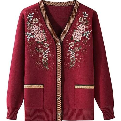 Middle-aged Elderly Mother Sweater Spring Autumn Coat Jacket Cardigan Womens Knitted Embroidered Sweater Outwear Female Tops 4X