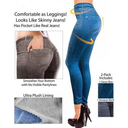 Slim Women Leggings Plush Lined Winter Faux Denim Jeans Leggings 2 Real Pockets Fashion Fitness Leggings High Waist Pencil Pants