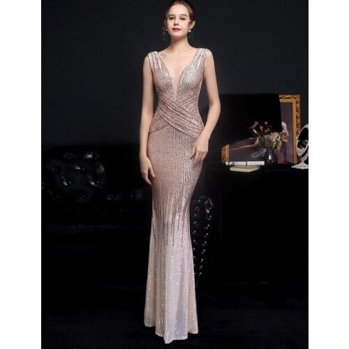 Partysix 2021 Sexy Deep V Neck Backless Sequin Dress High Split Bodycon Maxi Dress Female Evening Party Dress Prom Gown