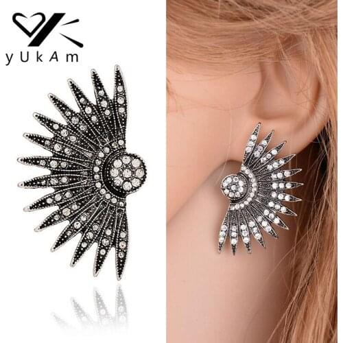YUKAM Vintage Silver Color Ethnic Full Drill Fan Earrings Rhinestones Crystals Sector Spikes Rivets Stud Earrings Punk for Women