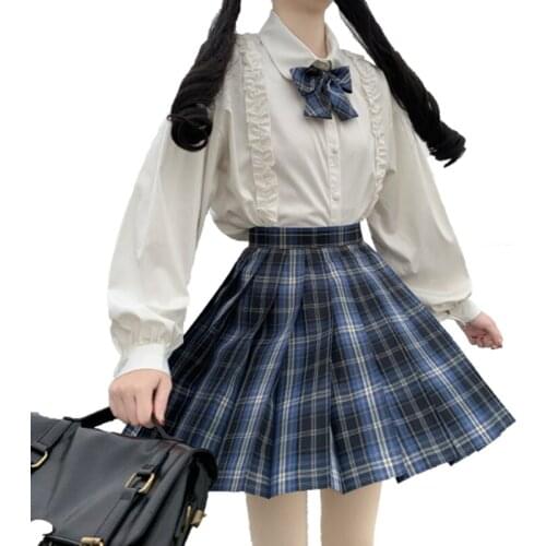 2021 New Spring Summer Women Sets Kawaii JK Skirt Suits Long Sleeve White Shirt And Plaids Pleated Mini Skirt Two Piece Set