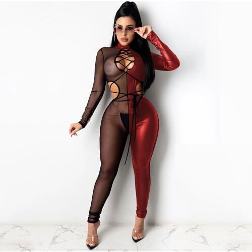 Sexy Mesh Patchwork Lace Up Bandage Jumpsuit for Women Long Sleeve See Through PU Leather Bodycon Clubwear Romper Party Overalls