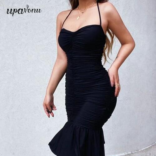 Free Shipping 2021 New Mesh Dress Sexy Halter Lace Sleeveless Ruffle Bodycon Halter Dress Female Club Celebrity Party Vestidos
