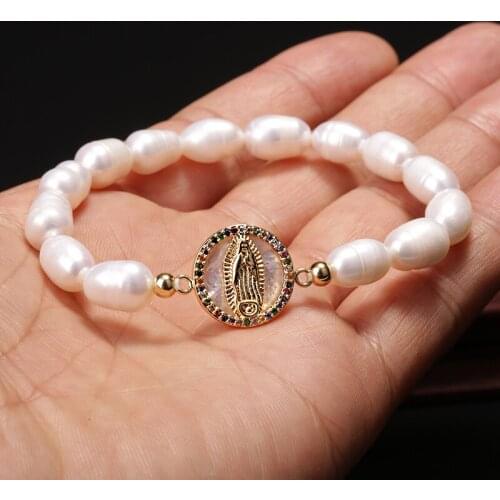 1pcs 5pcs 2020 Letter Charm Natural Freshwater Pearl Stretch Bracelet Rainbow CZ Virgin Mary Strand For Women Couple Jewelry