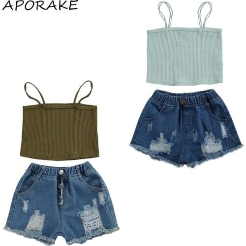 2021 2-7Y Summer Kids Baby Girl Clothing Fashion New Solid Color Sleeveless Crop Top Vest+Denim Shorts Outfits Set 2pcs