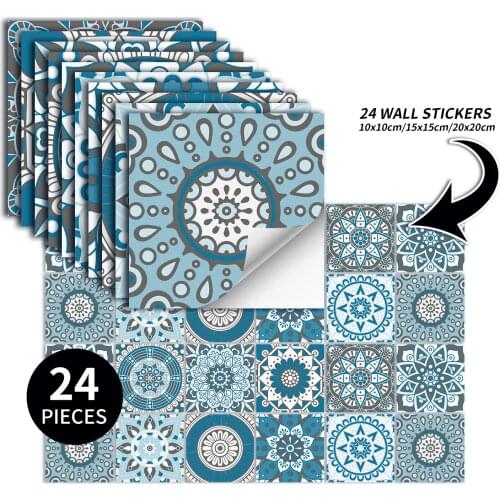 24Pcs Blue Mandala Tile Sticker Self-adhesive Diy Wall Sticker Oil-proof Background for Kitchen Bathroom Furniture Decorate