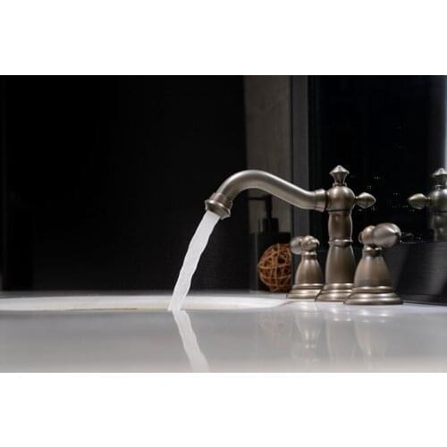 Free ship Bronze Finish 3 pieces Widespread Lavatory sink Faucet basin mixer tap deck mounted double lever handles