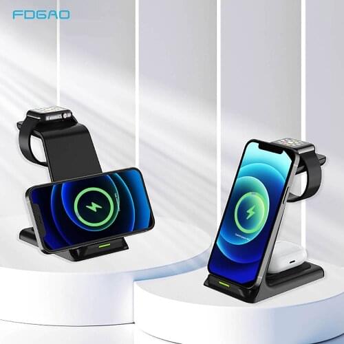 FDGAO 3 in 1 Wireless Charger For iPhone 12 11 XS X 8 Plus 15W Fast Charging Station For Apple Watch AirPods Pro Samsung S21 S20
