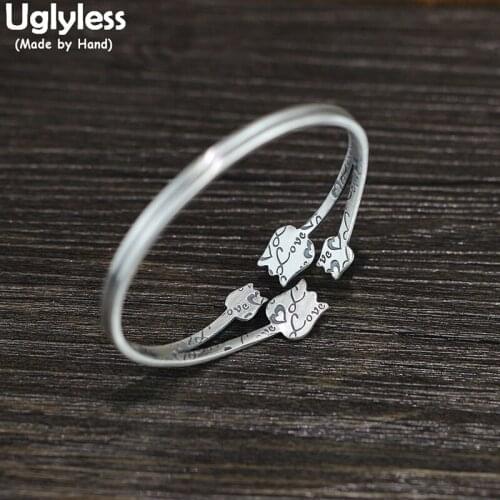 Uglyless Solid 999 Pure Silver Floral Tulip Bangles Women Real Glossy Silver Flower Open Bangles LOVE Gifts Fine Jewelry BA695