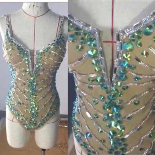 Nightclub Sparkly Rhinestones V-neck sling Bodysuit Sexy Backless Jumpsuit Lady Singer Adult Stage Costume hand-mada