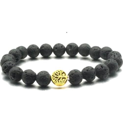 Gold Tree of Life Charms 8mm Black Lava Stone Beads DIY Aromatherapy Essential Oil Diffuser Bracelet Yoga Strand Jewelry