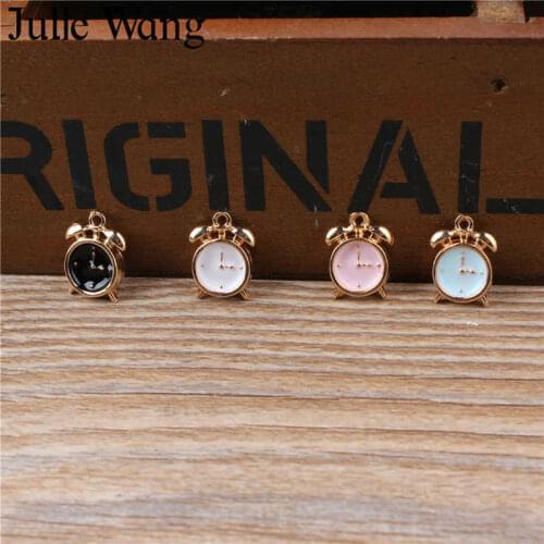 Julie Wang 5PCS Enamel Alarm Clock Charm Alloy Small Vintage Clock Gold Tone Drop Oil Necklace Bracelet Accessory Jewelry Making