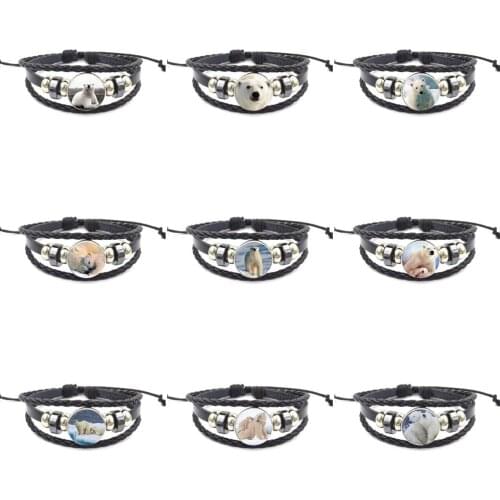 EJ Glaze Fashion Jewelry Glass Cabochon Black Leather Bracelet Bangle Women For Girls Best Gift White Polar Bear