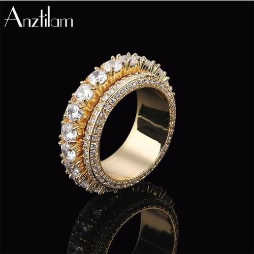AZ Rotatable Gold Color Iced Out Rings With Full Bling AAA Cubic Zircon Stone for Man Rapper Hip Hop Rings Jewelry Gifts