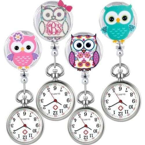 Lovely cute beautiful owl nurse women ladies doctor hospital pocket watches Clip Brooch Retractable Badge Reel quartz gift clock