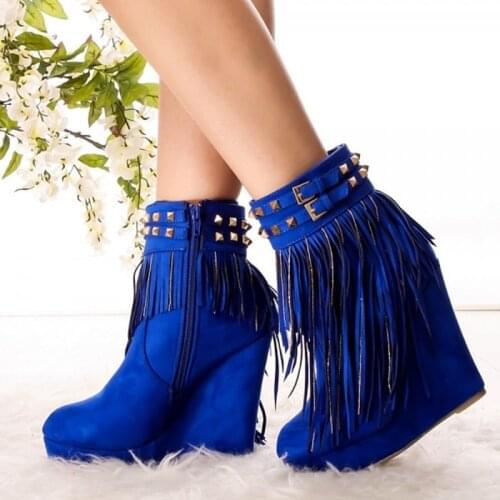 Fashion Royal Blue Fringe Boots Suede Wedge Heel Ankle Boots for Women Studded Round Toe Solid Tassel Decor Fall Women Shoes