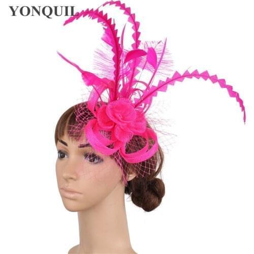 Fancy color sinamay fascinator headwear feather colorful mesh party race show hair accessories millinery cocktail hats MYQ010