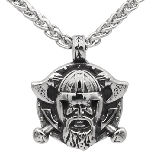 Men stainless steeel norse viking odin face with axe amulet pendant necklace