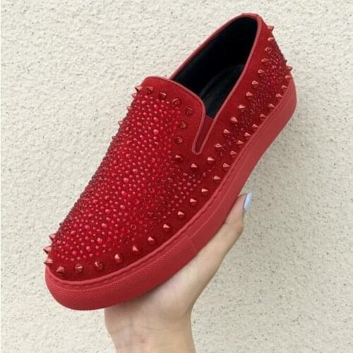 New Arrivals Red Black White Crystal Men Casual Natural Leather Loafers Sexy Rivets Spikes Rubber Sole Slip-on Sneakers Bog Size