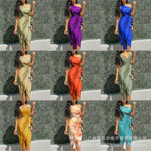 2021 summer new fashion slim one-shoulder dark green dress dresses women