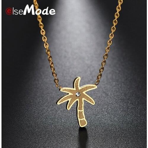 ELSEMODE Cubic Zirconia Coconut Tree Pendants Necklaces Stainless Steel Frosted Palm Trees Necklaces Christmas Gift Bijoux