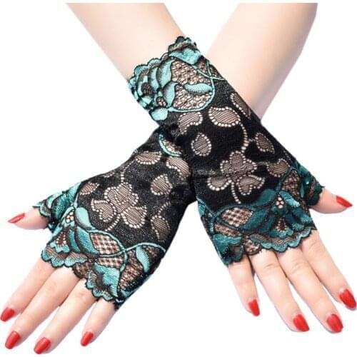 Women Thin Sunscreen Fingerless Gloves Hollow Floral Lace Contrast Color Mittens 50JB