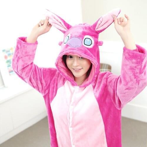 Unisex Blue Pink Cartoon Stitch Pajamas Adult Cosplay Nightgown Long One Piece Pajama Suit Homewear