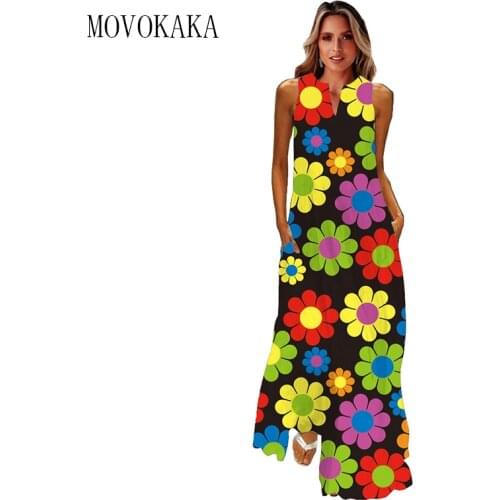 MOVOKAKA Flower Print Elegant Dress 2021 Paryt Casual Plus Size Long Dresses Summer Woman Sleeveless Girl Beach Maxi Dress Women