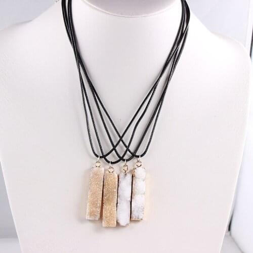 Reiki Raw Ore Jewelry Natural Rectangle Druzy Necklaces Women Chakra White Pink Crystal Slice Pendant Chains Statement Necklace