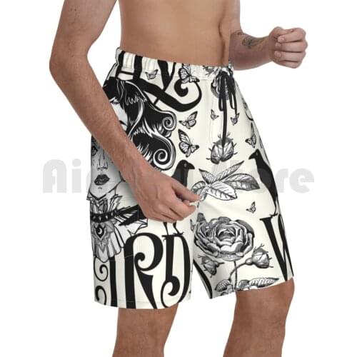 Stay Weird ( Black & White Version ) Beach Shorts Men Beach Pants Swim Trunks Stay Weird Halloween Girls Raven Crow