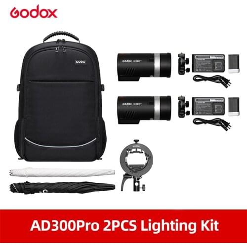 Godox 2pcs AD300Pro AD300 PRO 300W Out Door Flash Flashes with Backpack + Umbrella + S2 Bracket + AK-R1 Flash Kit