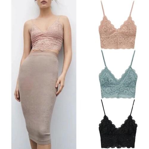 Za 2021 Summer Top Womens Tube Crop Top Pink Lace Adjustable Thin Straps Sexy Corset Tops Woman Black Green Basic Tanks Camis