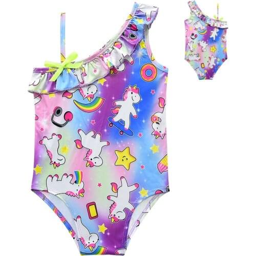 2019 Girls ruffle swimsuit one-shoulder unicorn swimwear children girls summer bathing suits kids summer beachwear G48-8036