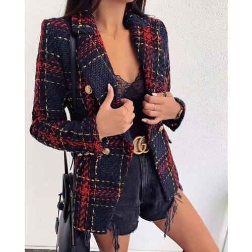 Tweed Tassel Houndstooth Blazer Women Red Plaid Double Breasted Suit 2021 Spring Autumn Office Lady New Fashion Casual Blazers