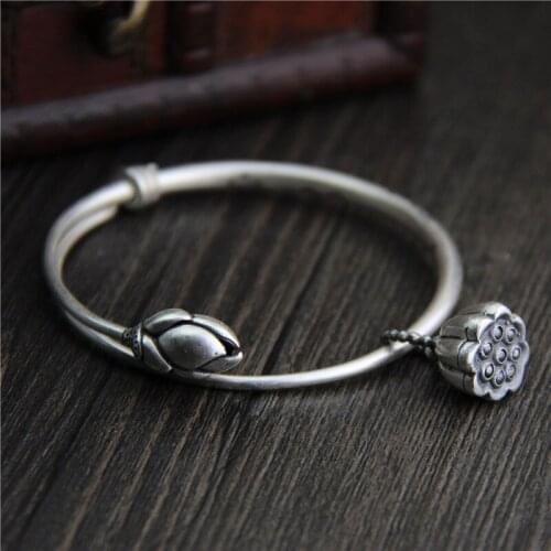 S999 sterling silver bracelets for ladies with Thai silver vintage lotus seed carved bracelet adjustable