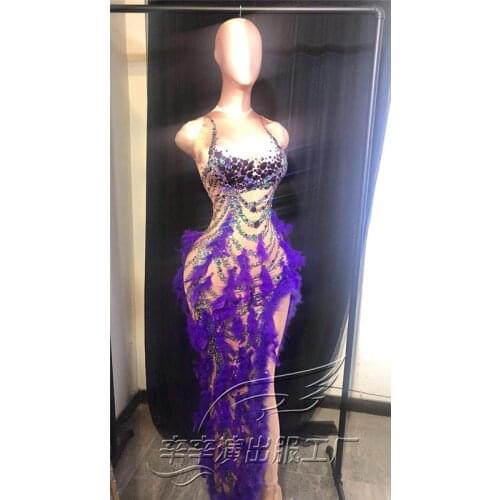 Sparkly Crystal Purple Feather Dress Birthday Outfit Women New Spandex Singer Dancer Stage Dress Sexy Drag Queen Costume VDB3332