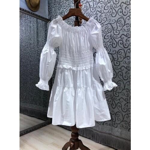 100%Cotton Womens Dress 2021 Summer Ladies Pleated Ruffle Patchwork Long Sleeve A-Line Casual White Dress Club Party Wear